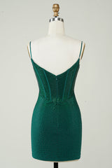Dark Green Sparkly Bodycon Spaghetti Strap Homecoming Dress with Beading