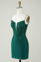 Dark Green Sparkly Bodycon Spaghetti Strap Homecoming Dress with Beading