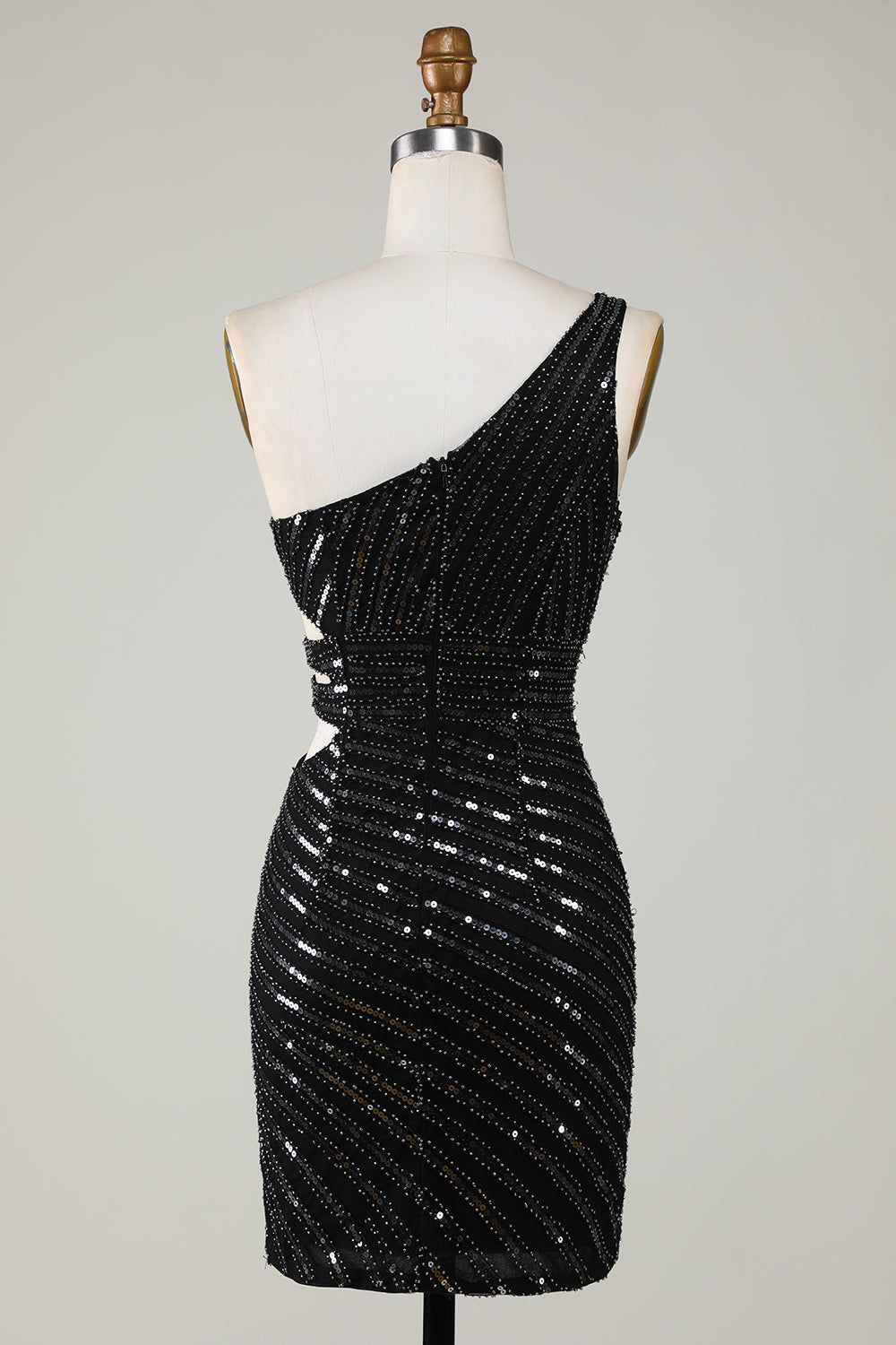 Elegant Black One Shoulder Sequin Bodycon Homecoming Dress with Cut-Out Elegant Black One Shoulder Sequin Bodycon Homecoming Dress with Cut-Out