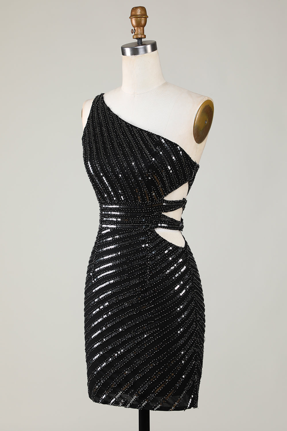 Elegant Black One Shoulder Sequin Bodycon Homecoming Dress with Cut-Out Elegant Black One Shoulder Sequin Bodycon Homecoming Dress with Cut-Out