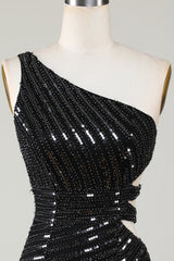 Elegant Black One Shoulder Sequin Bodycon Homecoming Dress with Cut-Out
