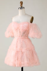 Blush Pink Tulle Off-Shoulder A-Line Short Homecoming Party Dress Gown