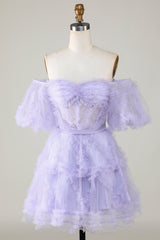 Off The Shoulder A-Line Tulle Corset Homecoming Dress - Purple Perfection