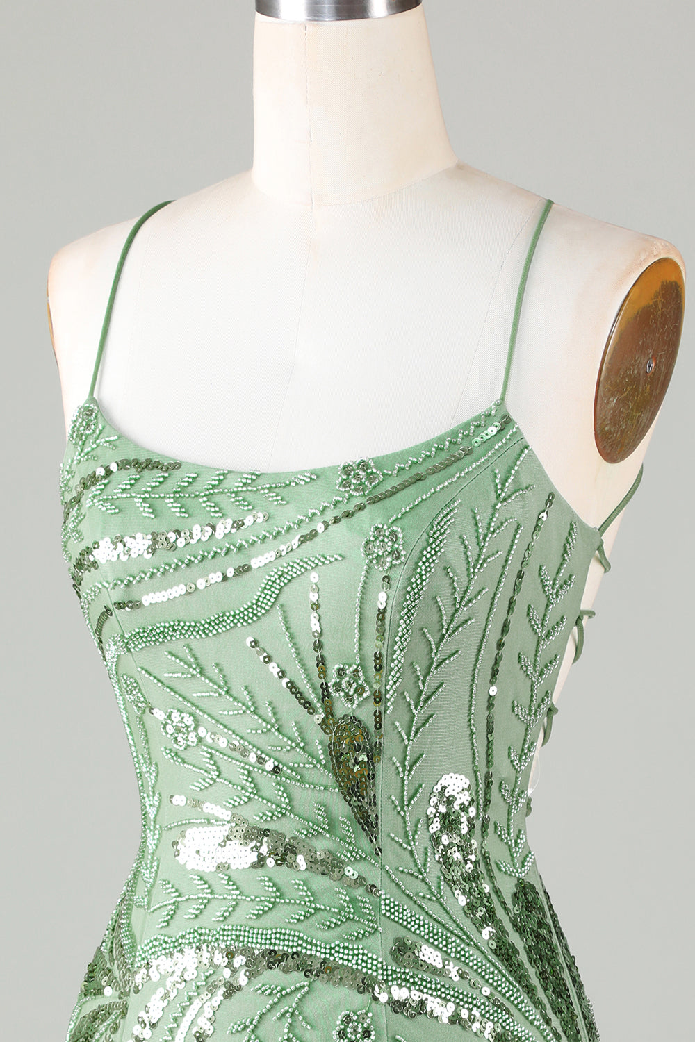 Sparkly Green Sheath Homecoming Dress with Spaghetti Straps and Criss-Cross Back