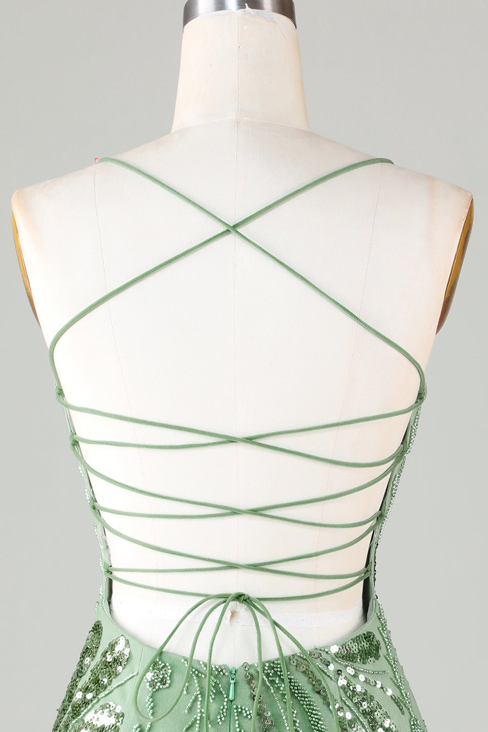 Sparkly Green Sheath Homecoming Dress with Spaghetti Straps and Criss-Cross Back