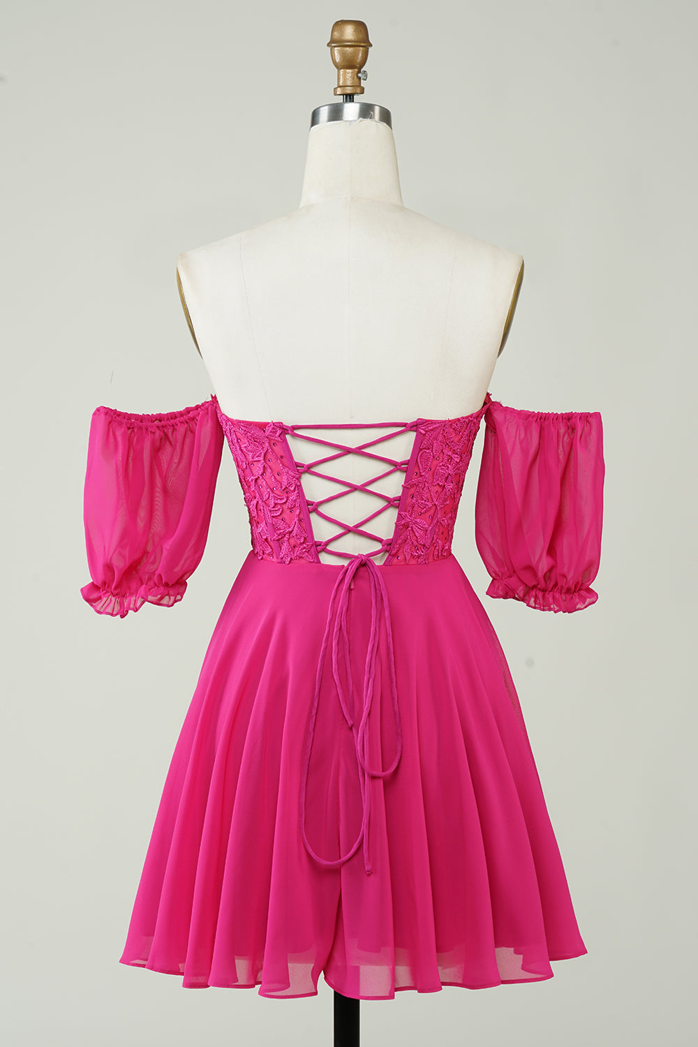 Fuchsia Corset A-Line Chiffon Short Homecoming Dress with Delicate Lace