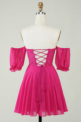 Fuchsia Corset A-Line Chiffon Short Homecoming Dress with Delicate Lace