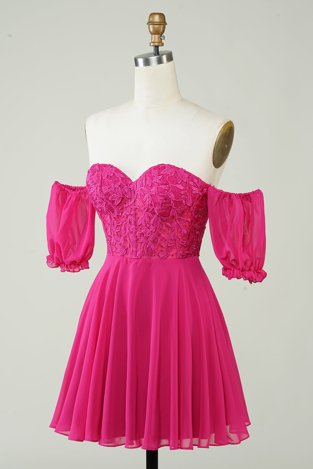 Fuchsia Corset A-Line Chiffon Short Homecoming Dress with Delicate Lace