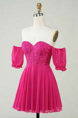 Fuchsia Corset A-Line Chiffon Short Homecoming Dress with Delicate Lace