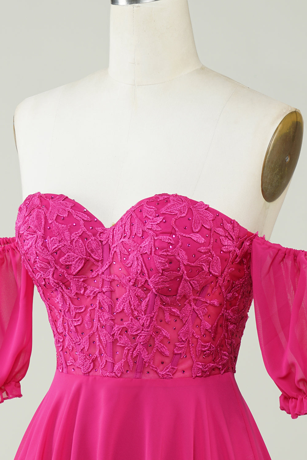 Fuchsia Corset A-Line Chiffon Short Homecoming Dress with Delicate Lace
