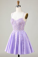 Purple Corset A-Line Satin Short Homecoming Dress with Delicate Lace