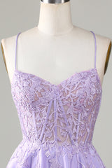 Purple Corset A-Line Satin Short Homecoming Dress with Delicate Lace