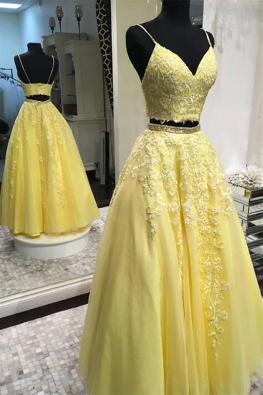 Yellow Spaghetti Strap V-Neck Lace Two Piece Long Prom Dress - DollyGown