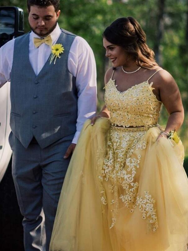 Yellow Spaghetti Strap V-Neck Lace Two Piece Long Prom Dress - DollyGown