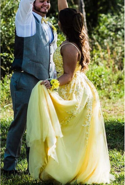 Yellow Spaghetti Strap V-Neck Lace Two Piece Long Prom Dress - DollyGown