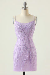 Elegant Purple Bodycon Homecoming Dress with Appliqués and Open Back