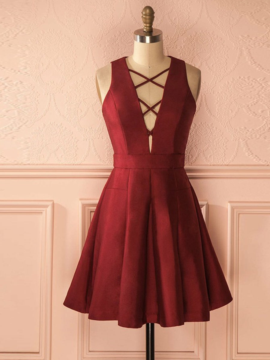 Burgundy Satin Short Prom Dress A-Line V-Neck Homecoming Dress