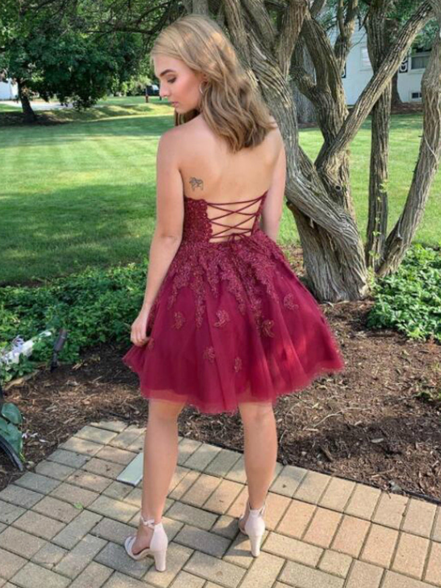 Elegant Halter Neck A-Line Burgundy Lace Homecoming Dress with Cross Back Detail