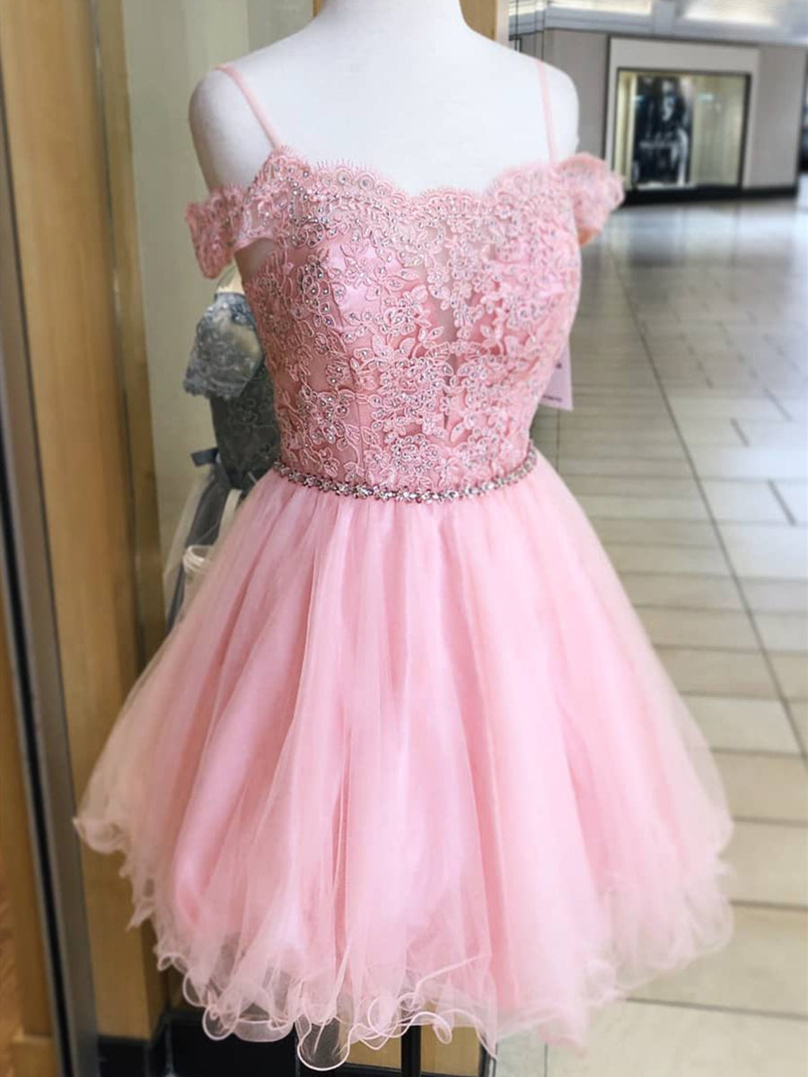 A-Line Off Shoulder Lace Pink Short Prom Homecoming Dress Formal Evening