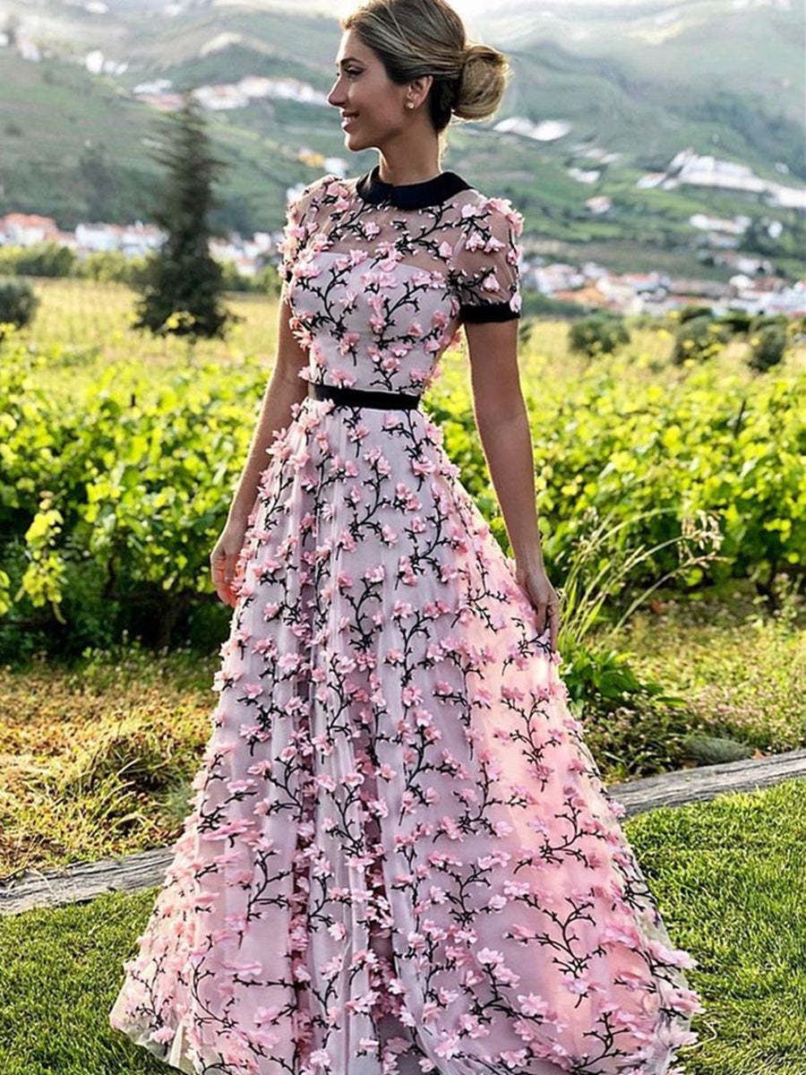 Pink 3D Floral A-Line Prom Dress with Short Sleeves Pink 3D Floral A-Line Prom Dress with Short Sleeves