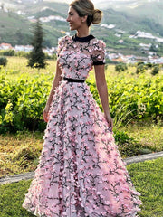 Pink 3D Floral A-Line Prom Dress with Short Sleeves