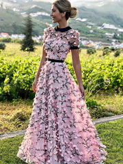 Pink 3D Floral A-Line Prom Dress with Short Sleeves