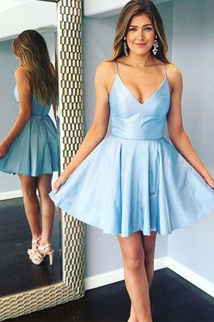 Elegant Light Blue Prom Homecoming Dress, A-Line V-Neck Short Spaghetti Straps Evening Gown