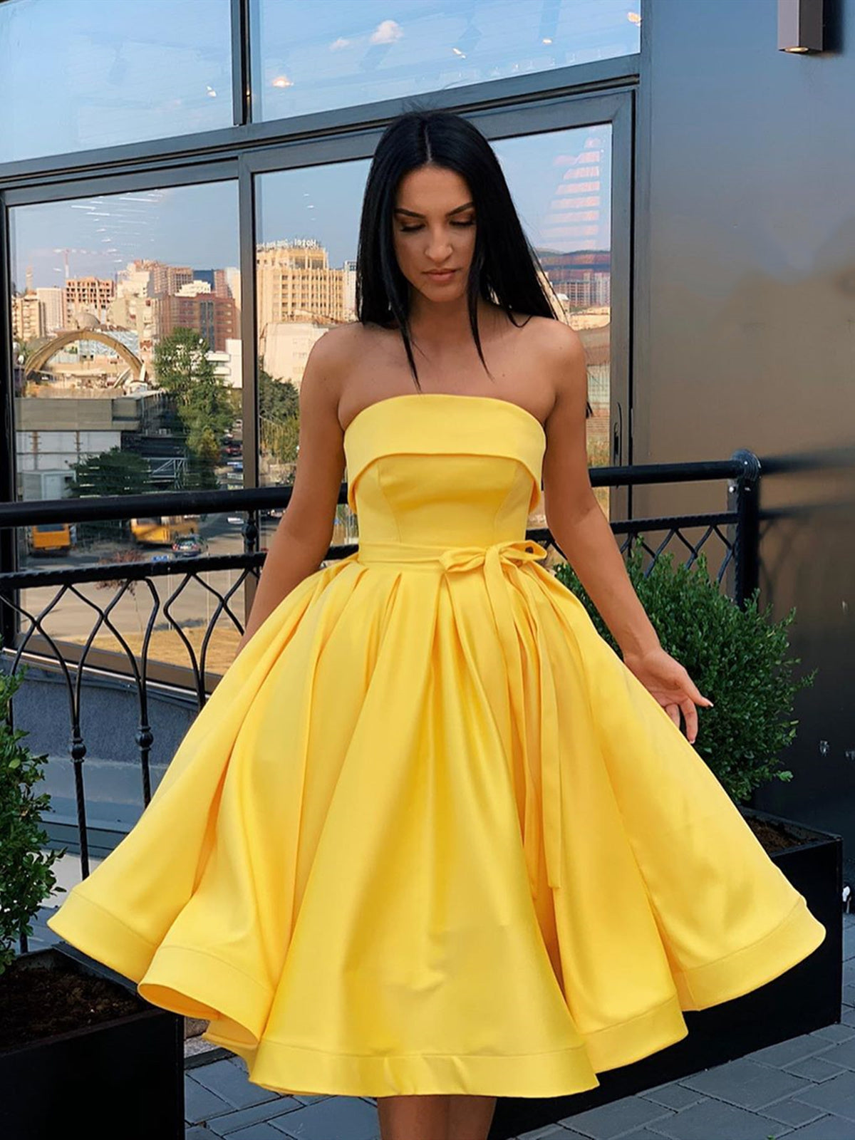 A-Line Strapless Short Pink Yellow Prom Dress: Strapless Formal Graduation Homecoming A-Line Strapless Short Pink Yellow Prom Dress: Strapless Formal Graduation Homecoming