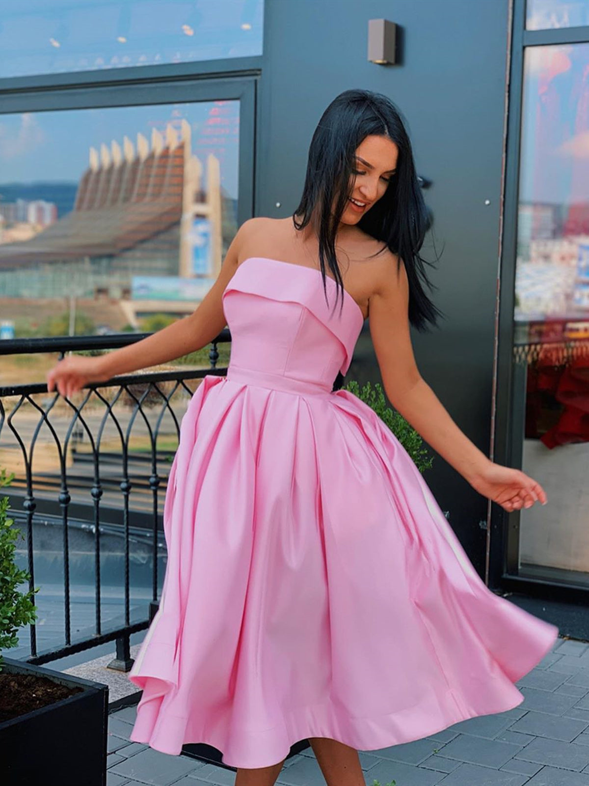 A-Line Strapless Short Pink Yellow Prom Dress: Strapless Formal Graduation Homecoming A-Line Strapless Short Pink Yellow Prom Dress: Strapless Formal Graduation Homecoming