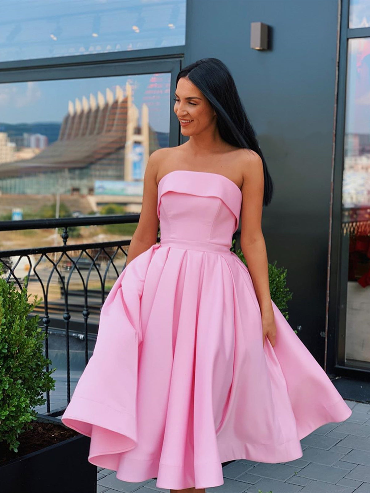 A-Line Strapless Short Pink Yellow Prom Dress: Strapless Formal Graduation Homecoming A-Line Strapless Short Pink Yellow Prom Dress: Strapless Formal Graduation Homecoming