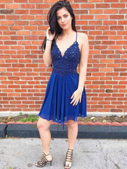 A Line V Neck Backless Beaded Lace Blue Short Prom Dresses