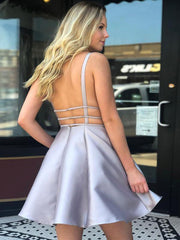 A-Line V-Neck Silver Gray Short Prom Homecoming Dress: Backless Satin Evening Gown