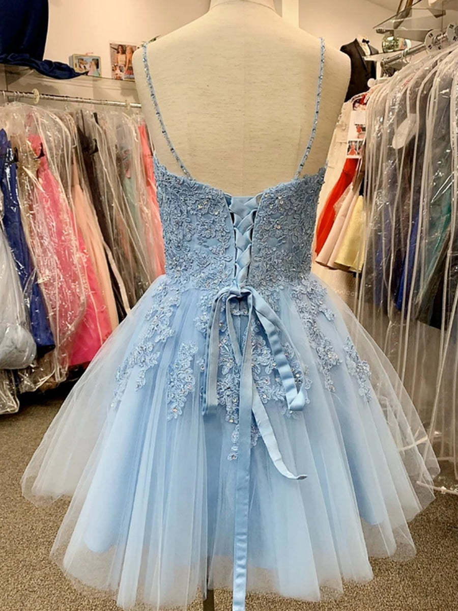 Elegant A-Line V-Neck Blue Lace Appliques Short Prom Homecoming Dress for Women