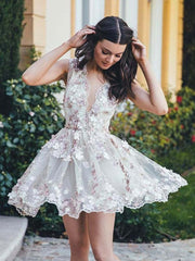 Ivory Lace Appliqued Homecoming Dress - Short Prom, V-Neck, A-Line