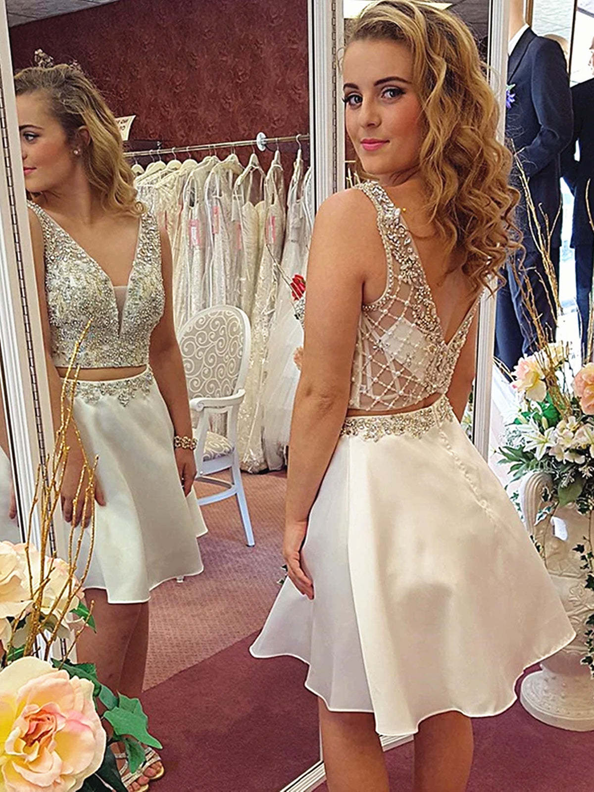 A-Line V-Neck Short Two Piece Beaded Prom Dress Champagne Formal Homecoming Outfit A-Line V-Neck Short Two Piece Beaded Prom Dress Champagne Formal Homecoming Outfit