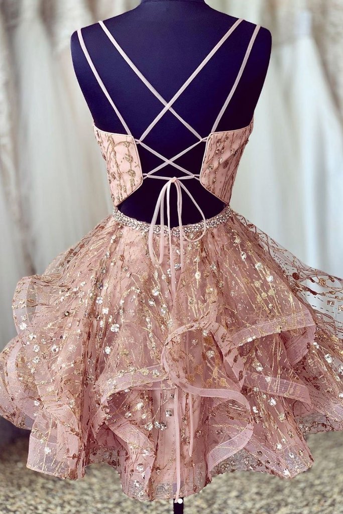 A-Line V-Neck Short Champagne Lace Homecoming Dress with Criss-Cross Back