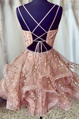 A-Line V-Neck Short Champagne Lace Homecoming Dress with Criss-Cross Back