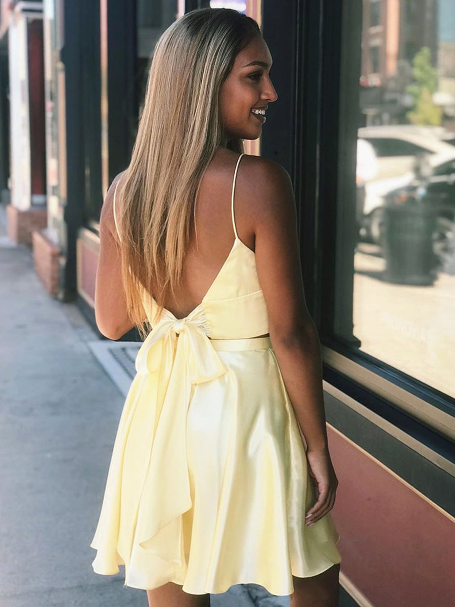 Two-Piece Yellow Prom Dress: A-Line, V-Neck, Backless with Slit, Short Homecoming Two-Piece Yellow Prom Dress: A-Line, V-Neck, Backless with Slit, Short Homecoming