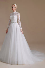 Elegant A-Line High Neck Long Sleeve Wedding Dress with Tulle Lace Design