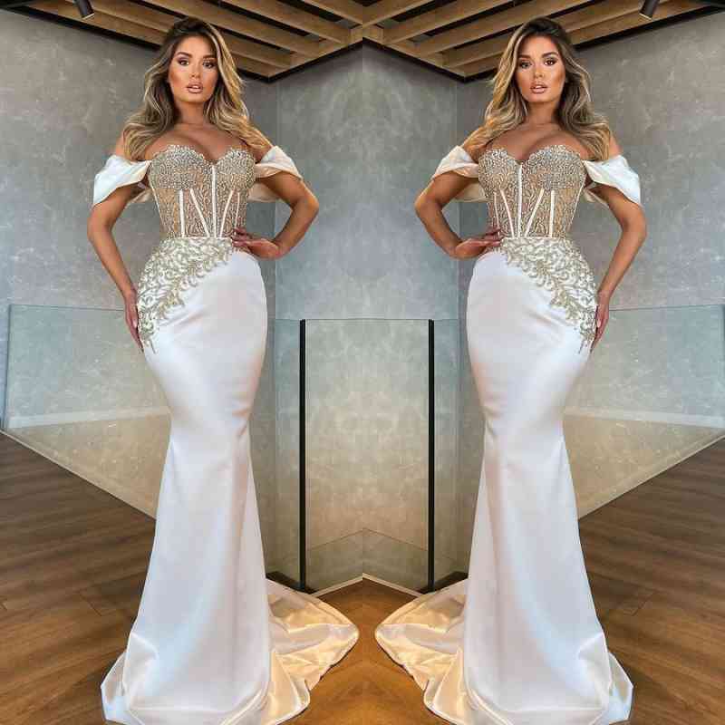 Elegant Off-Shoulder White Mermaid Prom Dress with Sparkling Appliques and Long Train