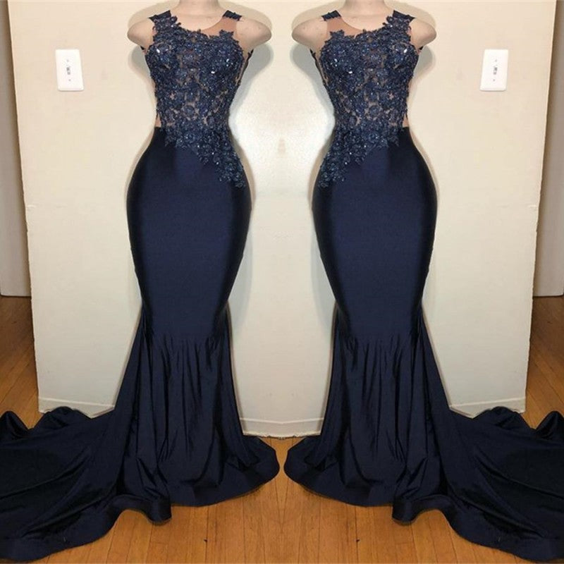 Dark Blue Appliqued Sleeveless Mermaid Prom Dress - Elegant Formal Gown