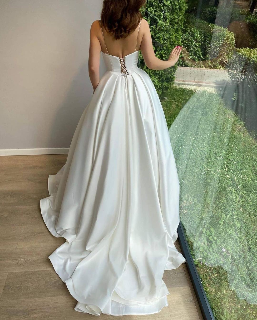 Elegant Satin Ball Gown Sweetheart Spaghetti Straps Long Wedding Dress