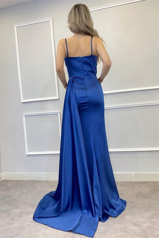 Elegant Spaghetti Strap Beaded Mermaid Prom Dress with Thigh Slit Ruffles