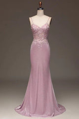 Elegant Pink Spaghetti Strap Shining Sleeveless Prom Dress Gown for Women