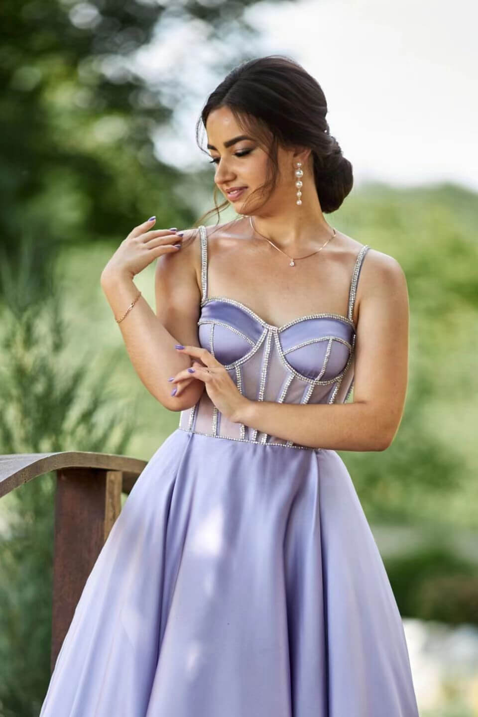 Lilac Spaghetti Strap Sleeveless Tea Length Evening Gown with Beads