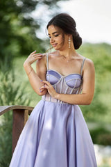 Lilac Spaghetti Strap Sleeveless Tea Length Evening Gown with Beads