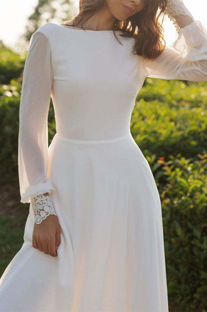 Long Sleeve Backless Chiffon Wedding Dress with Lace Cuffs