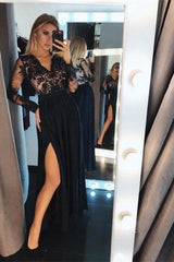 Elegant Black Long Sleeve Prom Dress with High Split and Lace Bodice