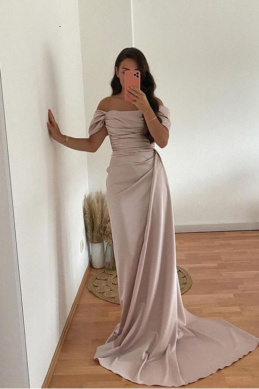 Elegant Mermaid Strapless Off-the-Shoulder Ruffled Prom Dress Long Train Gown