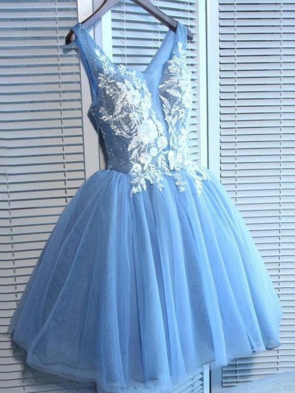 Elegant Blue V-Neck Lace-Up Mini Homecoming Dress with Cap Sleeves and Appliques